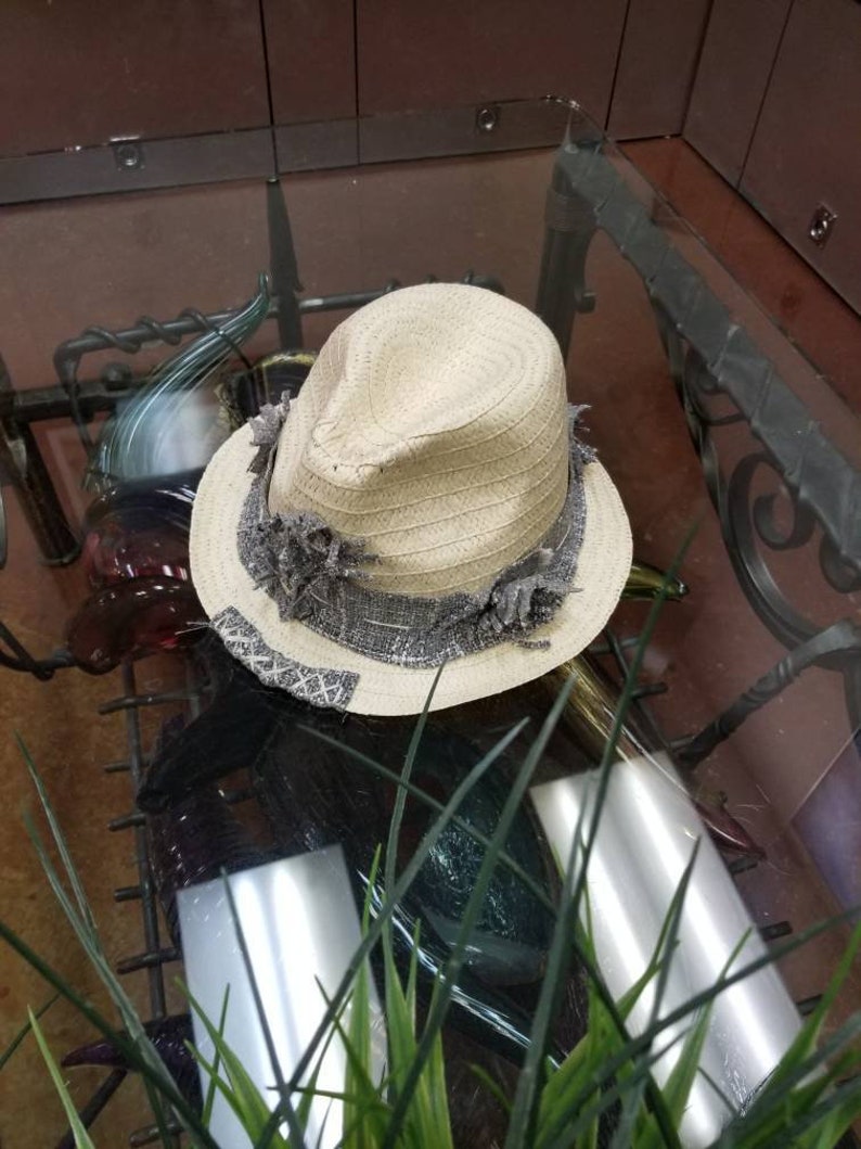 size reducer may be installed to make smaller upon request. fedora festival SM Boho embellished vegan One size distressed sun hat