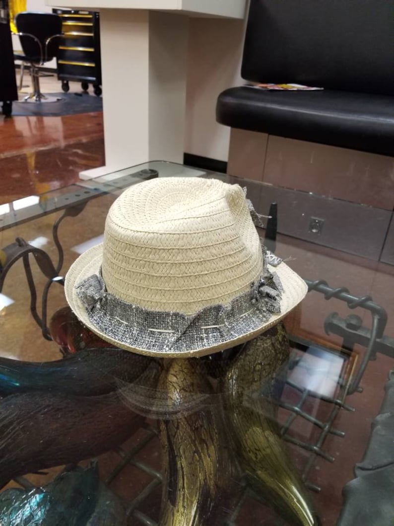 size reducer may be installed to make smaller upon request. fedora festival SM Boho embellished vegan One size distressed sun hat