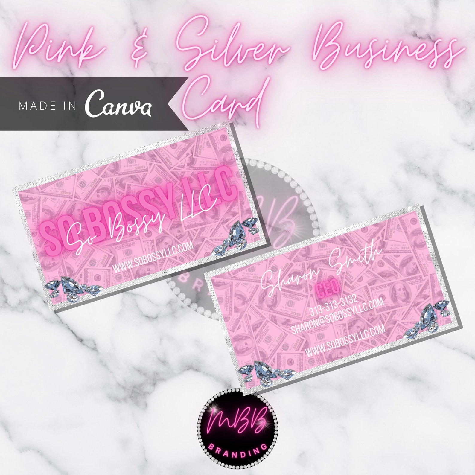 DIY Pink Bling Business Card Template Pink Money Business Etsy