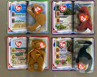 Lot of 4 McDonalds Beanie Baby Rex Bronty Humphrey Germania Original Packaging.