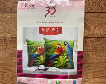 Double Sided 45cm x 45cm Cross Stitch pillow kit - New Vintage. Parrots. 5053. Chinese Kit. Also has English instructions.