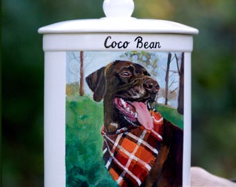 Custom Dog Urn for ashes: Ceramic pet memorial with hand-painted portrait, small, medium, large sizes
