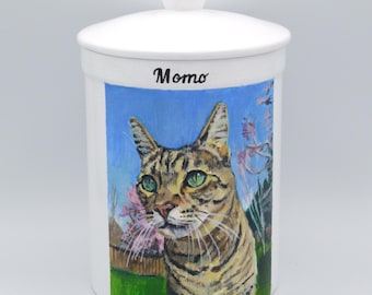 Hand-Painted Ceramic Cat Urn with Custom Pet Portrait, Memorial Gift