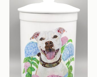 Personalized Dog Urn with hand-painted custom portrait, Ceramic Pet Memorial