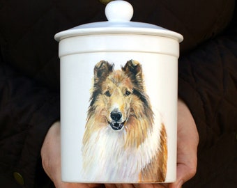 Personalized dog urn, cat urn, hand painted with custom pet portrait from photo, ceramic keepsake urn, small, medium, and large size.