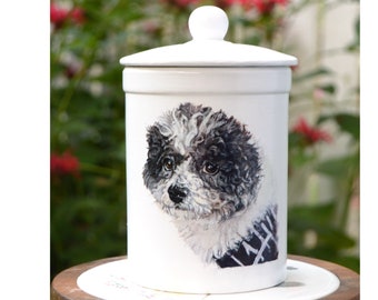 Keepsake urn for pet ashes hand painted with custom pet portrait from photo, dog urn, cat urn, pet memorial gift