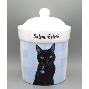 May include: A white ceramic jar with a lid, featuring a black cat illustration. The jar has a checkered pattern in shades of blue and purple. The text "Salem Beletth" is written on the jar.