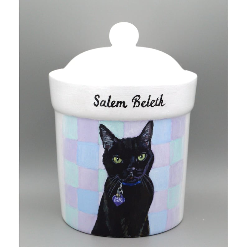 May include: A white ceramic jar with a lid, featuring a black cat illustration. The jar has a checkered pattern in shades of blue and purple. The text "Salem Beletth" is written on the jar.