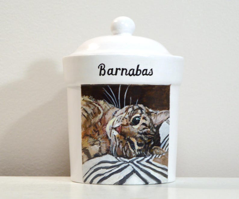 May include: White ceramic jar with a lid and a small knob. The jar features a painted image of a cat with brown and tan fur, resting on a striped surface. The name "Barnabas" is written in black script.
