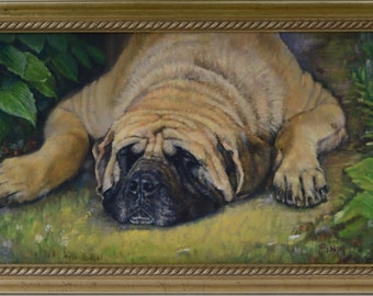 Framed English Mastiff Oil Painting: Original Dog Wall Art
