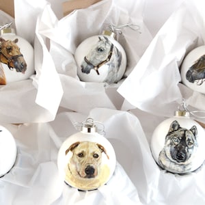 Pode incluir: Seis enfeites de Natal redondos brancos com imagens pintadas de animais. Os enfeites apresentam um cavalo castanho e branco, um cavalo cinza, um cavalo castanho, um c&atilde;o cinza e branco, um c&atilde;o amarelo e um lobo cinza e branco.