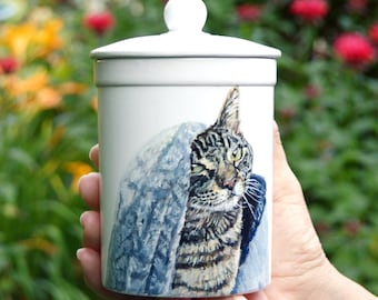 Custom pet urn for ashes hand painted with pet portrait from photo, dog urn, cat urn, pet memorial gift