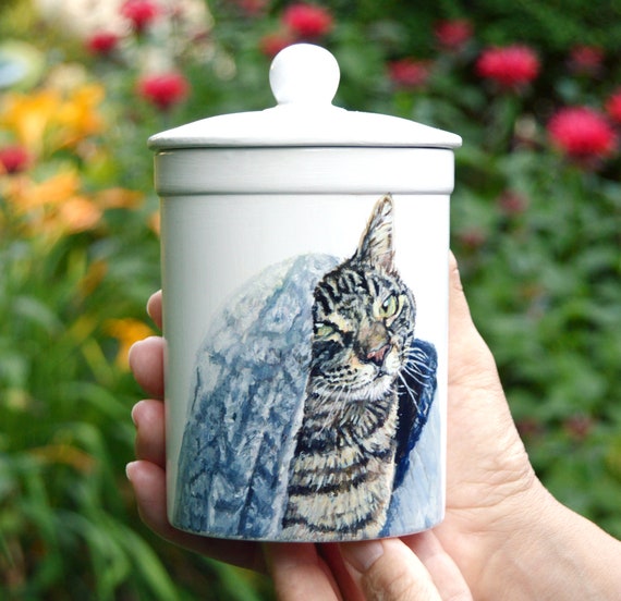 Cat Urn for Ashes, Hand Painted With Custom Pet Portrait, Ceramic