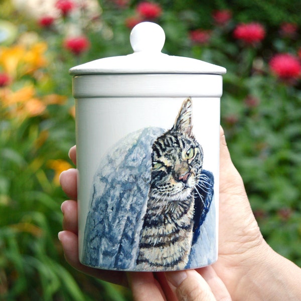 Custom pet urn for ashes hand painted with pet portrait from photo, dog urn, cat urn, pet memorial gift