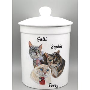 Ceramic Pet Urn for multiple cats or small pets, featuring hand-painted pet portrait