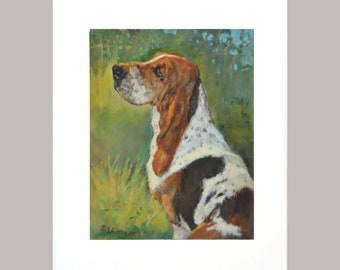 Basset Hound Dog Print from the original oil painting, dog wall art, white mat included