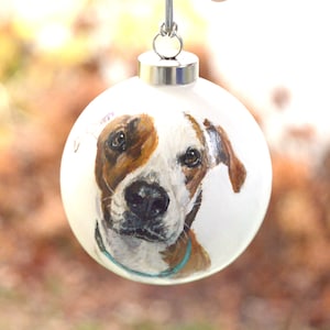Pode incluir: Uma bola de Natal branca com um retrato pintado &agrave; m&atilde;o de um c&atilde;o castanho e branco. O c&atilde;o est&aacute; a olhar diretamente para o observador com uma express&atilde;o amig&aacute;vel. A bola tem um topo prateado e uma coleira azul turquesa.