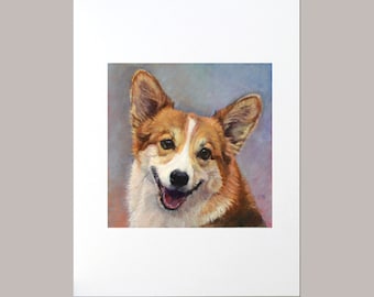 May include: Painting of a smiling corgi dog with brown and white fur. The dog is looking directly at the viewer with its tongue slightly sticking out. The background is a soft blue and purple.