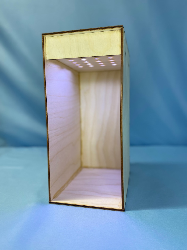 May include: A wooden box with a light inside. The box has a clear acrylic front and a wooden top with small holes for light to shine through.
