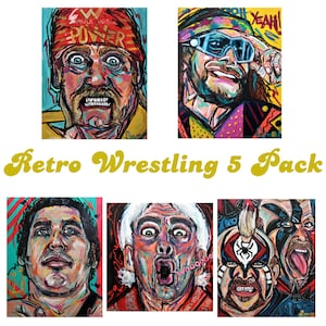 Retro Wrestling 5 Pack, Wrestlemania Wall Decor, Hulk Hogan, Andre the Giant, Ric Flair, The Legion of Doom, Pop Art, Pop Culture