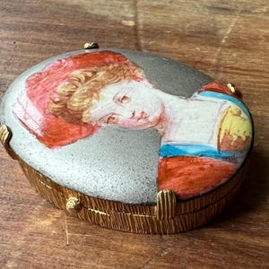 Vintage Solid 18K Gold Pill Box, Hand Painted Miniature Portrait Patch Box
