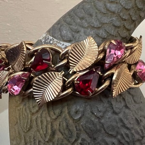 Coro Pegasus Vintage Statement Bracelet: Ruby Red & Pink Rhinestone Leaves