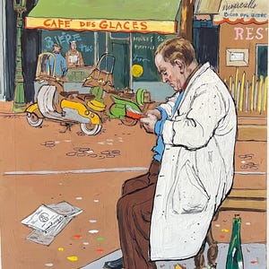 1950s Paris Cafe Painting: Original French Schoolbook Illustration