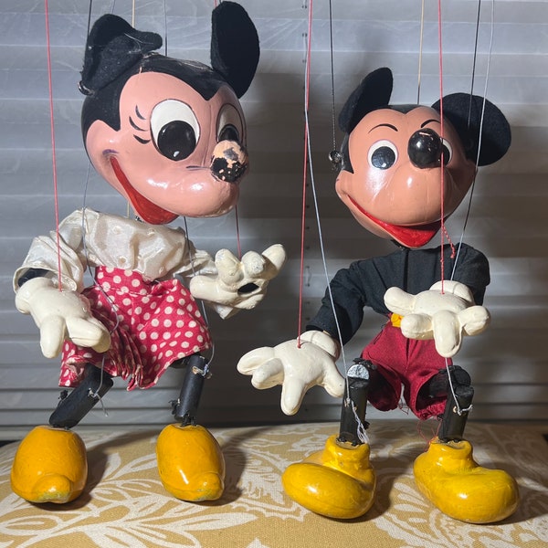 Vintage 1960s Pelham Puppets Disney MICKEY and MINNIE MOUSE 10” Marionettes String Puppet Made in England Hand Painted No Boxes