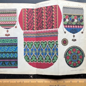 May include: A vintage page featuring colorful cross-stitch patterns for bags and decorative elements. Designs include geometric and floral motifs in red, green, blue, and black, with intricate details and tassels.