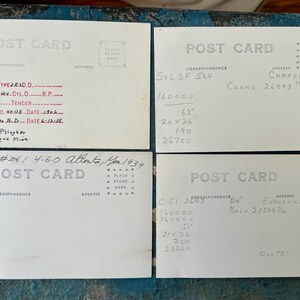 May include: Four vintage postcards with handwritten notes and measurements. The postcards are white with the words "POST CARD" printed at the top. The cards have various handwritten details, including measurements in inches.