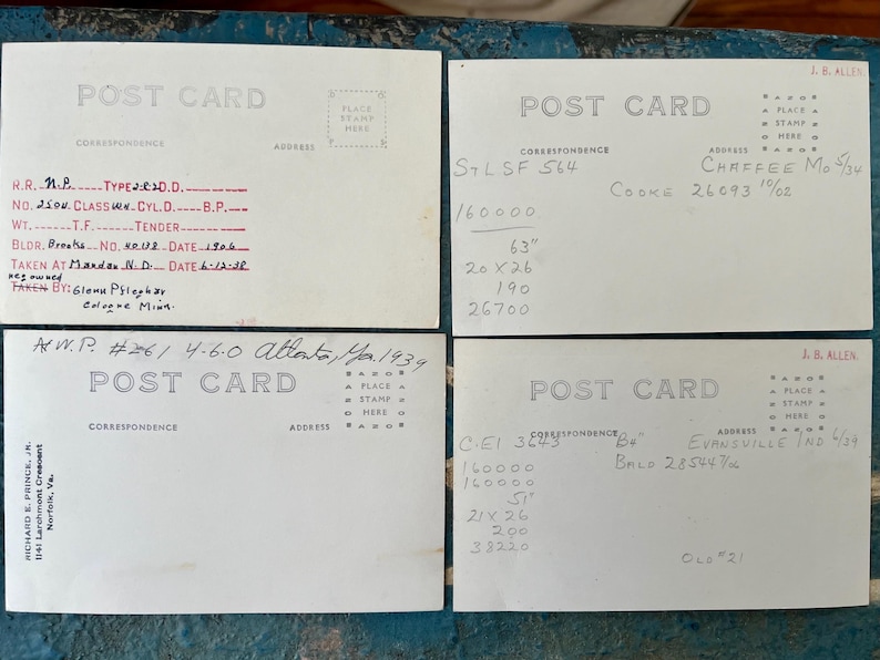 May include: Four vintage postcards with handwritten notes and measurements. The postcards are white with the words "POST CARD" printed at the top. The cards have various handwritten details, including measurements in inches.