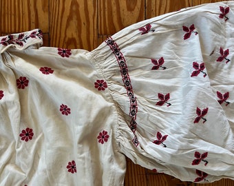Antique Folk Blouse Linen Embroidered Peasant Shirt Red Black Eastern Europe