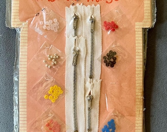May include: Vintage Barbie and Midge Teen-Age Fashions sewing kit. The kit includes white zippers, various colored beads, and sequins. The packaging is pink with the Barbie and Midge logo and the Mattel logo.