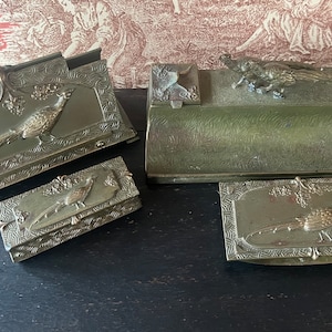 Antique Jennings Brothers Bronze Desk Set: Art Nouveau Pheasant Decor