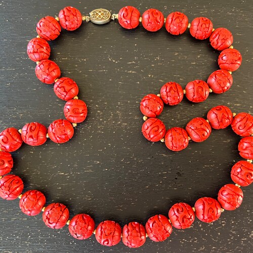 Vintage Carved Chinese Cinnabar Bead Necklace 26” Brass shops Spacers Silver Vermeil Clasp