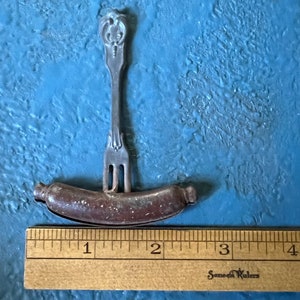 Antique German Dollhouse Miniature: Bratwurst with Fork, Large Scale