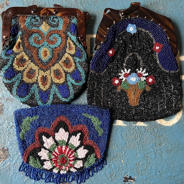 3 Antique Bead Purses Micro Mosaic Glass Beads in Cobalt Black Red Bakelite Frame Beautiful Beadwork Some Repair Needed Estate Collection