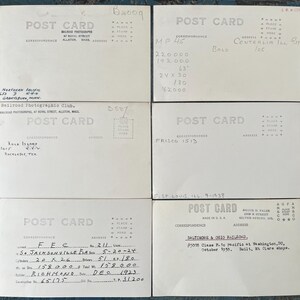May include: A collection of vintage postcards, each with handwritten notes and printed details. The cards feature the words "POST CARD" and include information about railroads, locations, and dates. Some cards have stamps and addresses.