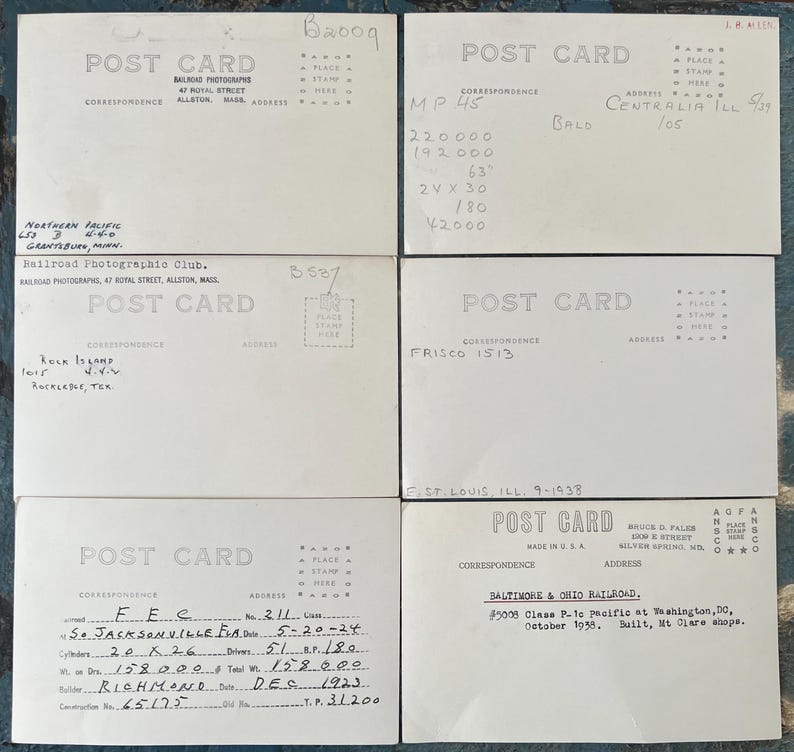 May include: A collection of vintage postcards, each with handwritten notes and printed details. The cards feature the words "POST CARD" and include information about railroads, locations, and dates. Some cards have stamps and addresses.