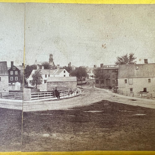 Rare 1860s Davis Bros. Set of 4 Stereoscope Stereoview Cards Portsmouth NH Scenes: 1867 Snow Storm Congress shops Market Pleasant St. Mill Bridge