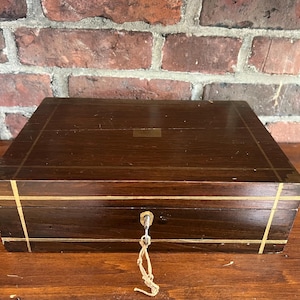 Antique Victorian Writing Slope Desk — Rosewood Box with Gilt Paint, Dip Pen & McGill’s Tin