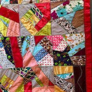 Vintage 1960s-70s Crazy Quilt 61x72 Cotton Prints Multi Colors Sateen Red Border Polka Dot Backing Zigzag Stitch Clean Sturdy Free Shipping