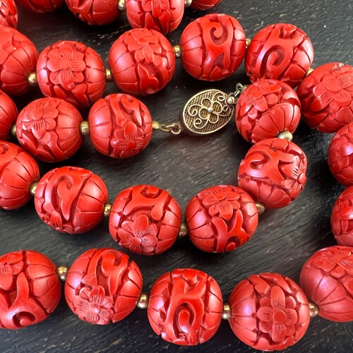 Vintage Carved Chinese Cinnabar Bead Necklace 26” Brass shops Spacers Silver Vermeil Clasp