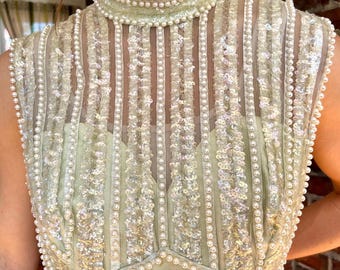 1950s Beaded Silk Evening Gown Pearl Sequin Illusion Bodice Couture Dress