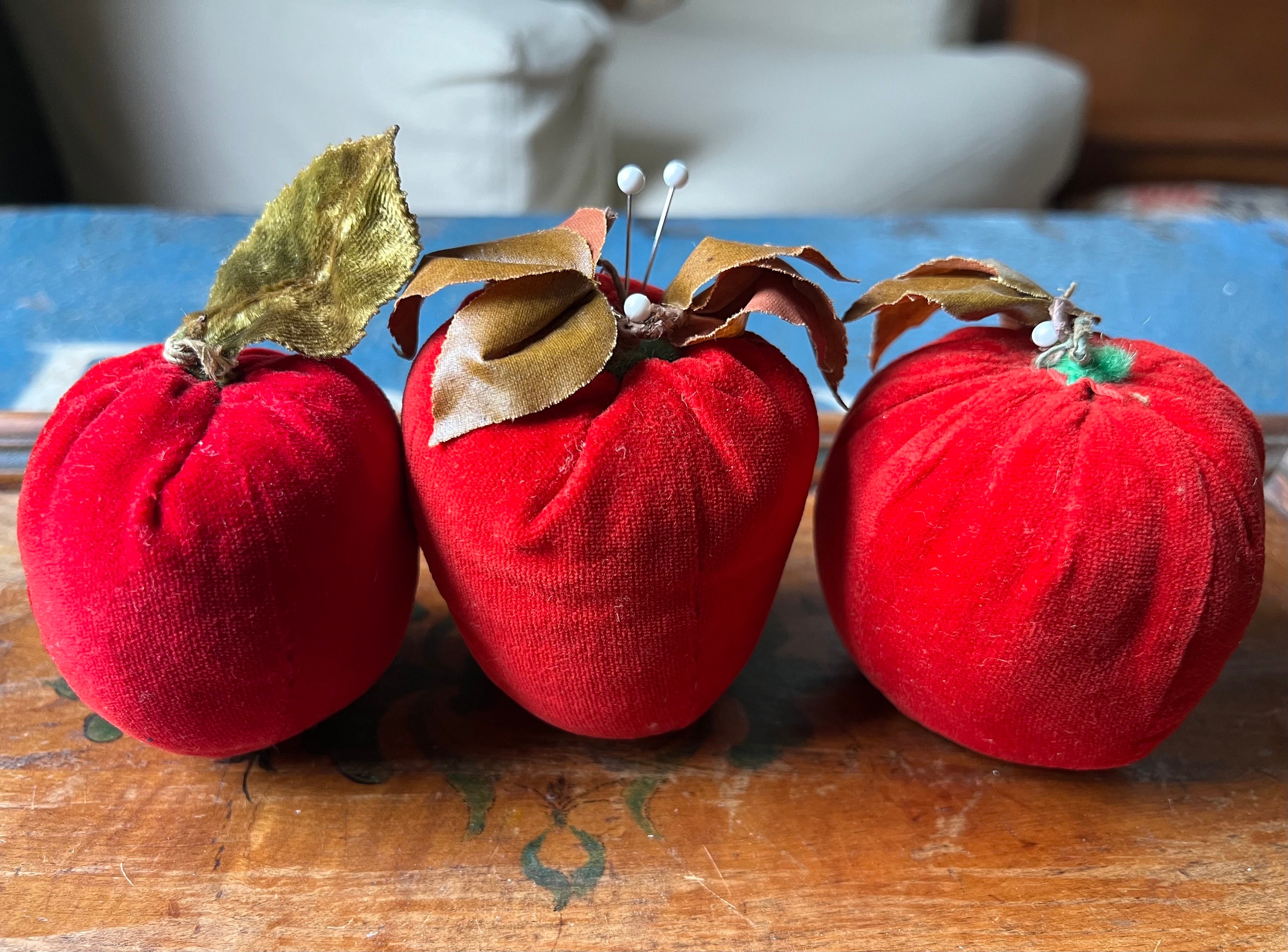 Vintage Velvet Fruit Pincushions - Italian Pin Cushions, Red Apple Strawberry Tomato