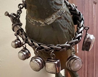 Vintage Sterling Silver Charm Bracelet: Braided Chain, Mabe Pearl Cabochons
