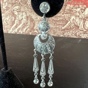 Antique Art Deco Rhinestone Chandelier Earrings: Edwardian Pot Metal Dangles