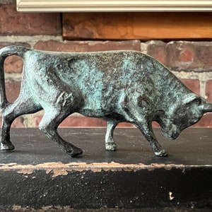 Miniature Bronze Bull Sculpture Signed FF — Verdigris Patina — Solid Bronze Bull Figurine — Mid Century Modern Desk Art Decor