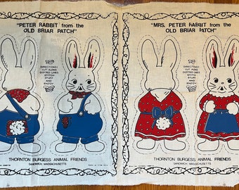 1974 Thornton Burgess Peter Rabbit Dolls Pattern — Mr. & Mrs. Printed Plush Cut and Sew Fabric Panel — Vintage NOS Feed Sack Sandwich MA