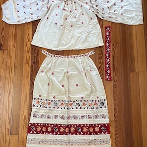 Antique Eastern European Folk Costume Set ca. 1910 – Hand Embroidered Peasant Shirt, Apron & Sash – Textile Collector’s Piece
